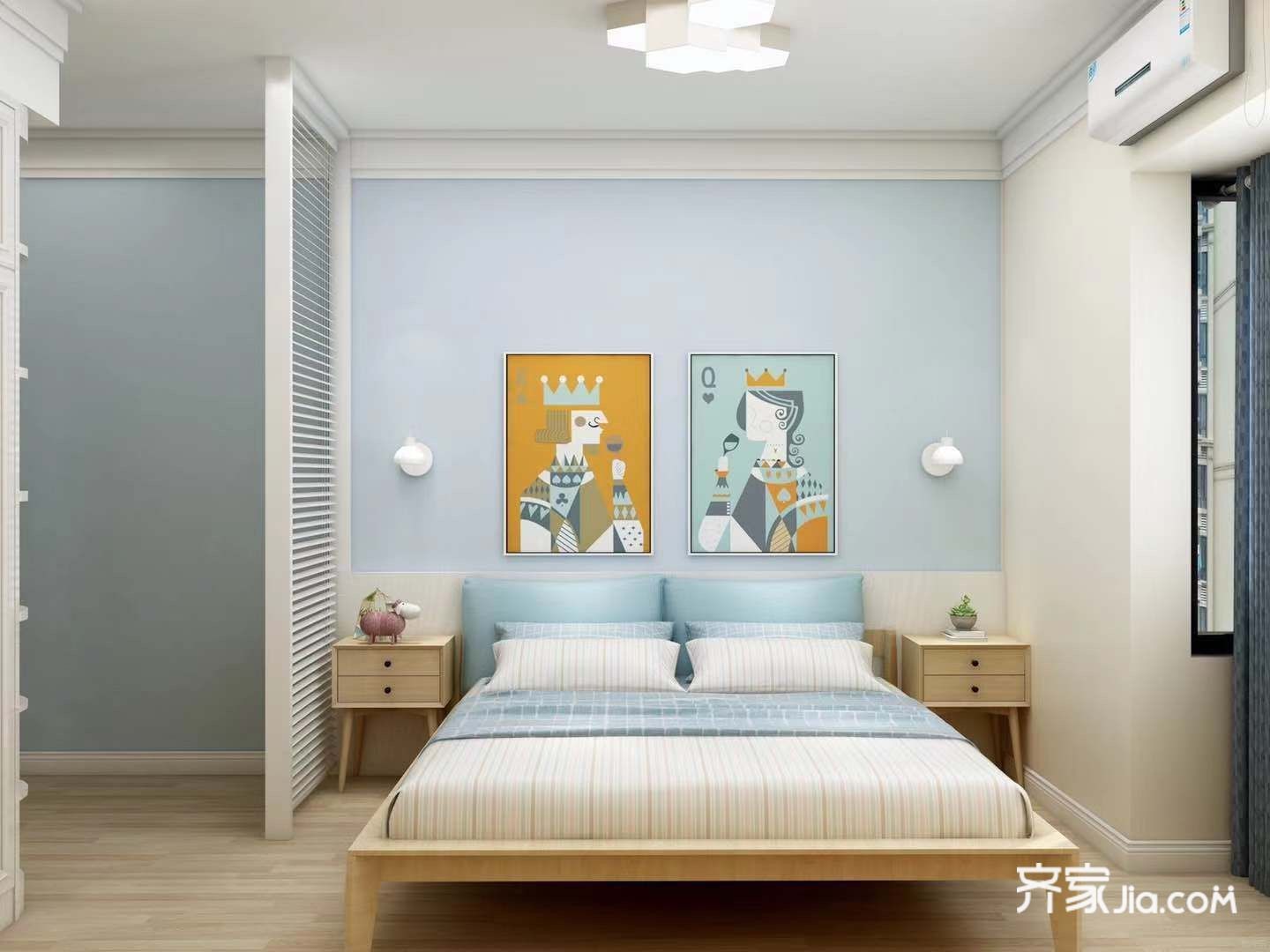 卧室家具整体以原木色为主,简洁大方.地板也是原木色与家具相呼应.