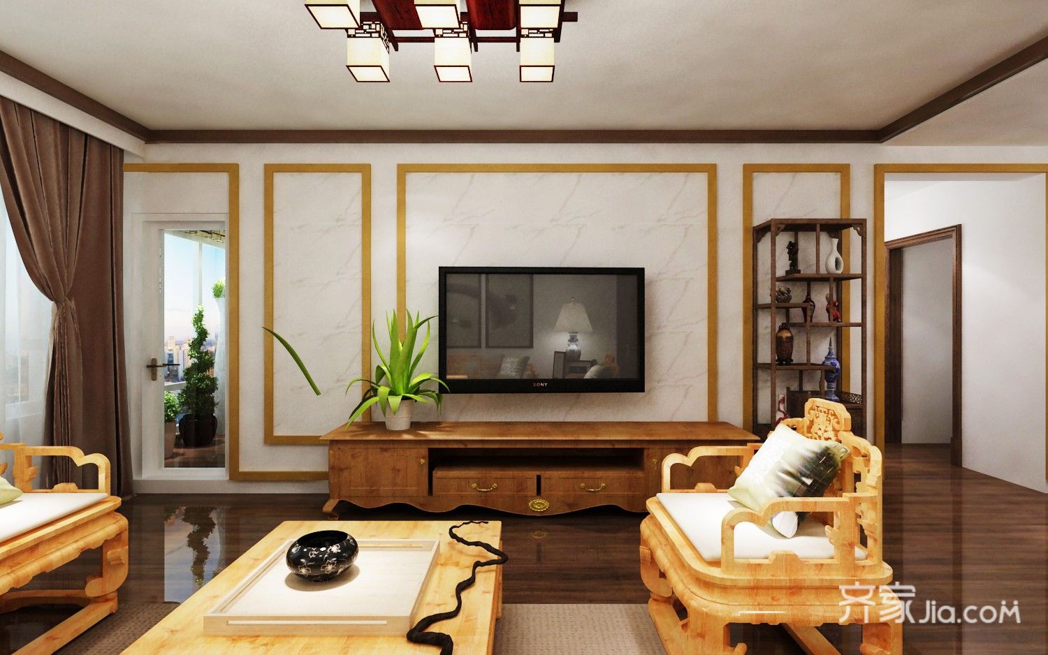 中式风格,整体家具为花梨木,因此棚面造型与背景墙造型为实木木