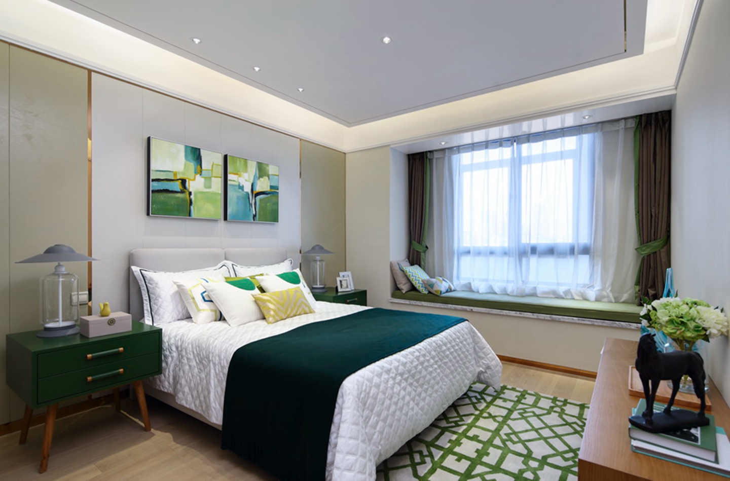 三居室装修,10-15万装修,90平米装修,北欧风格,飘窗,卧室背景墙,绿色