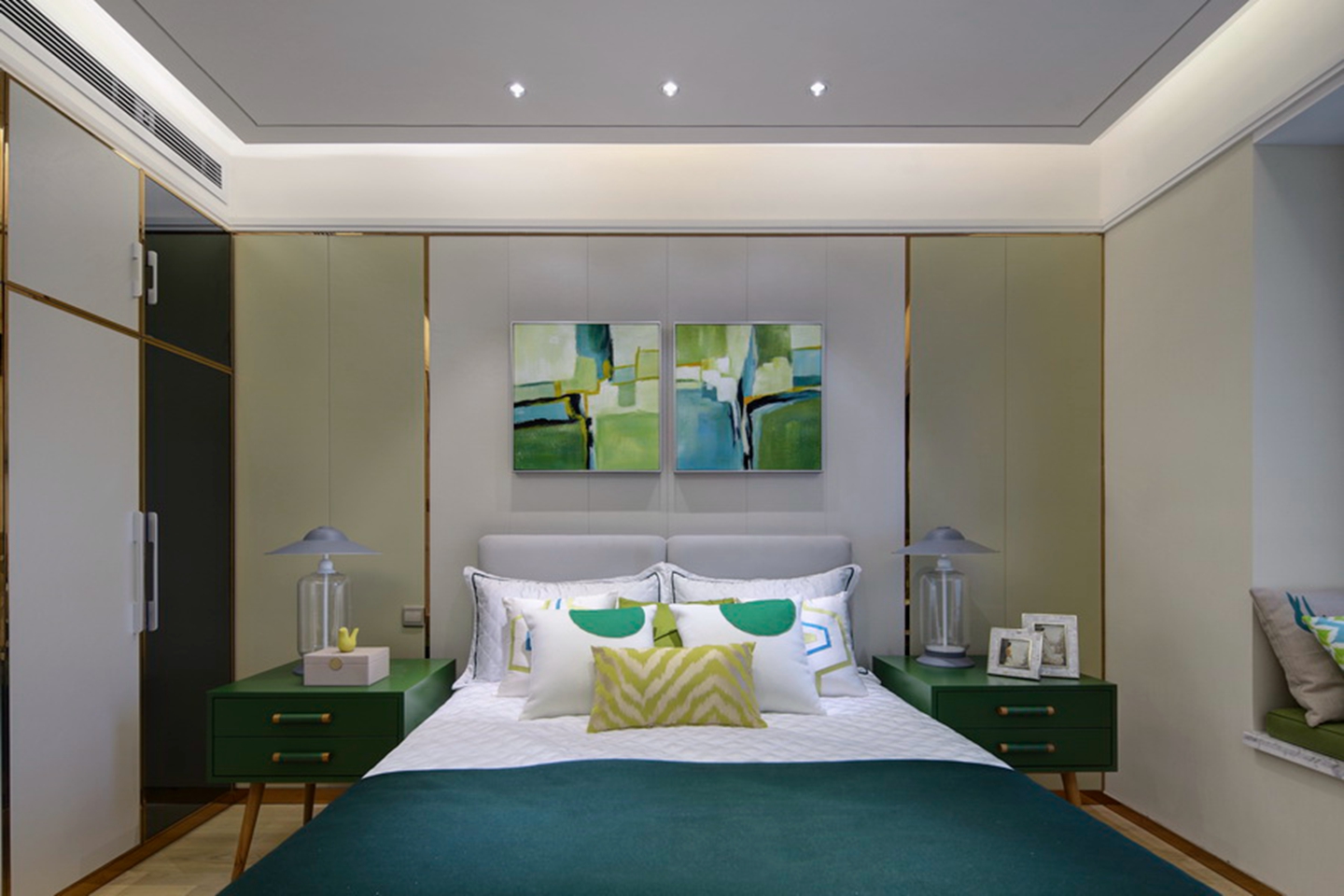 三居室装修,10-15万装修,90平米装修,北欧风格,床上用品,绿色