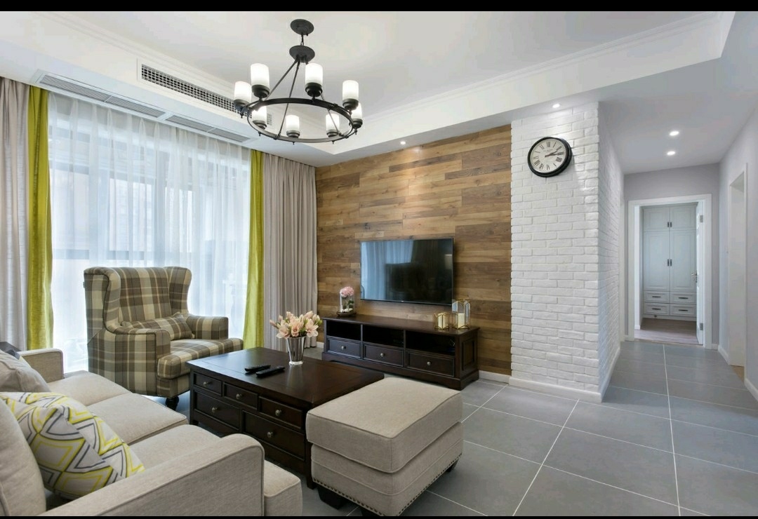 100平米装修,三居室装修,10-15万装修,美式风格,原木色,客厅
