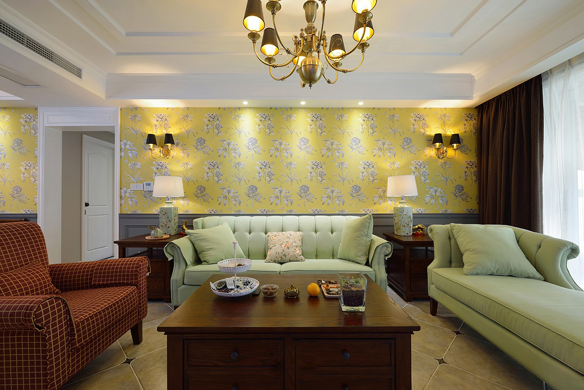 三居室装修,130平米装修,10-15万装修,混搭风格,客厅,黄色