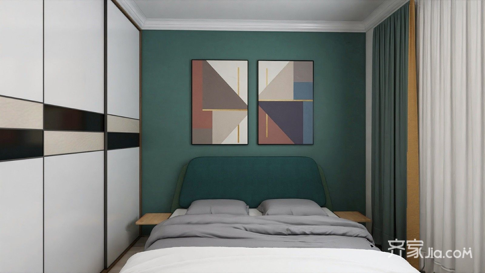 卧室床头运用今年较为流行的莫兰迪色系,做个孔雀绿的颜色.