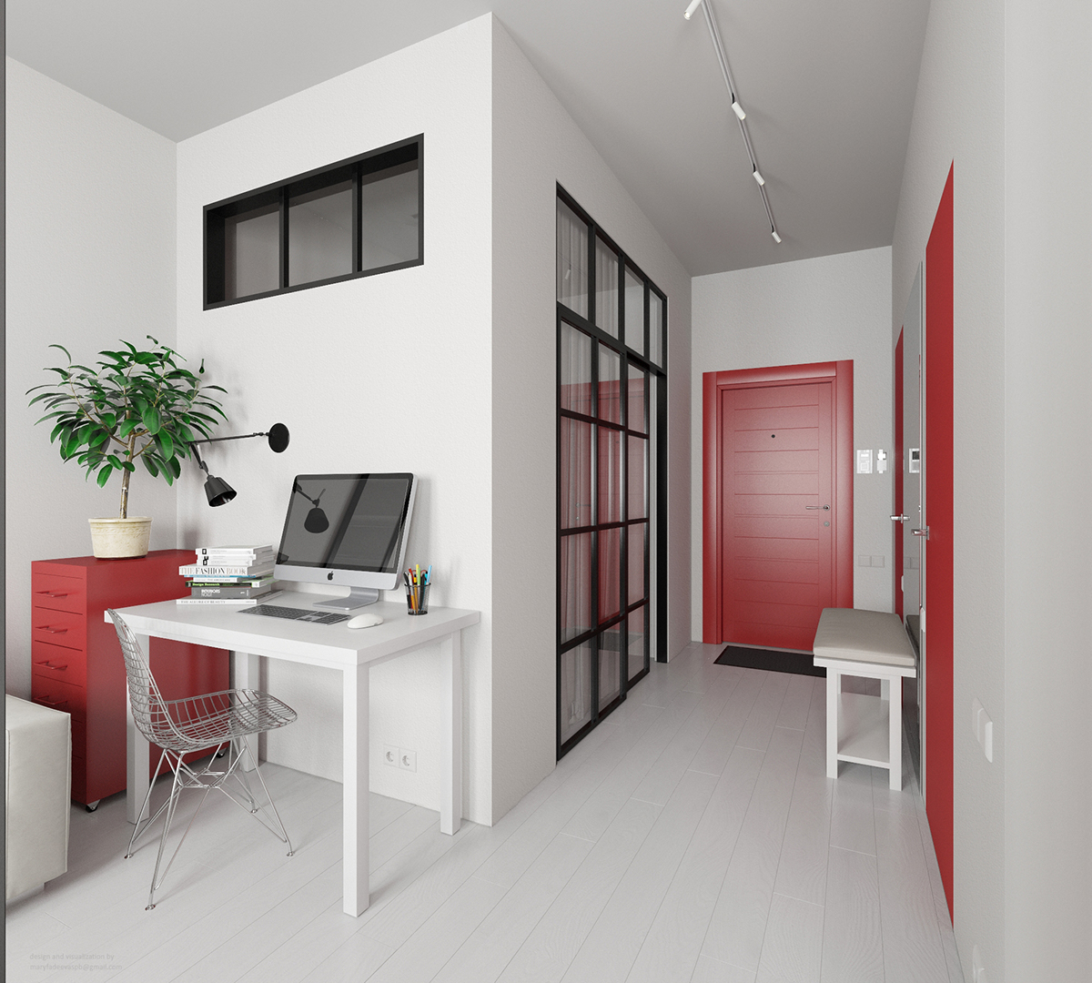 小户型装修,公寓装修,5-10万装修,40平米装修,简约风格,红色,白色,电脑桌