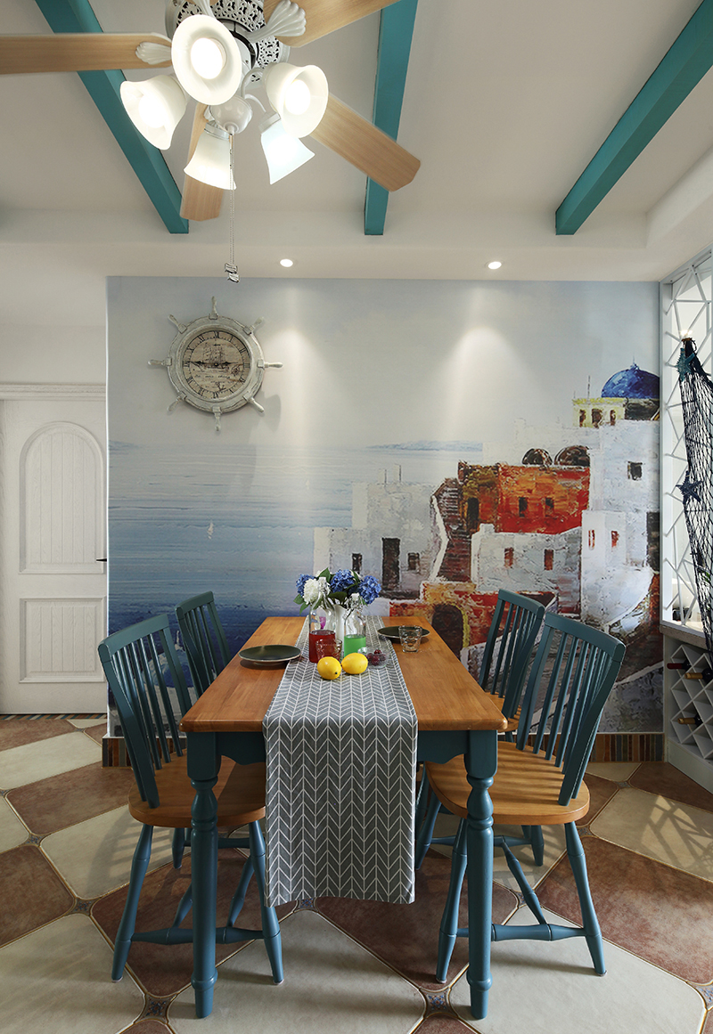 地中海风格,二居室装修,90平米装修,10-15万装修,餐厅,蓝色