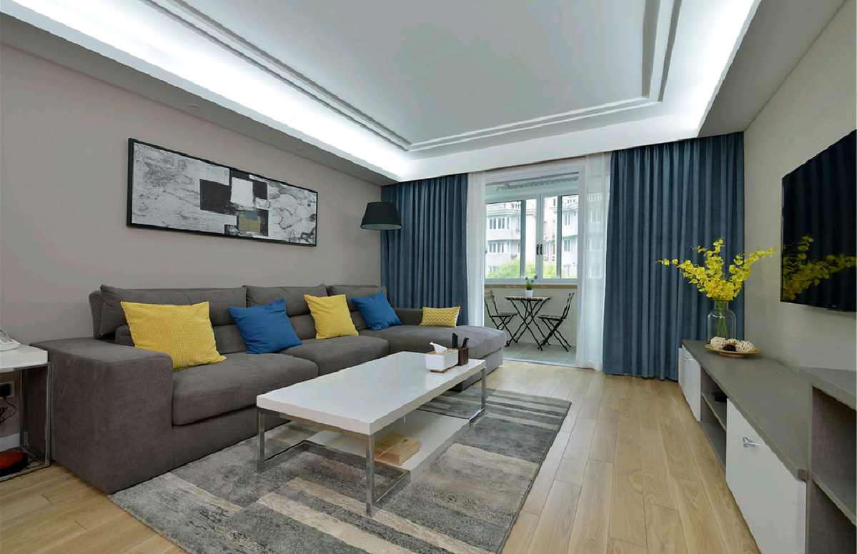 三居室装修,120平米装修,10-15万装修,现代简约风格,窗帘,沙发背景墙,灰色,沙发