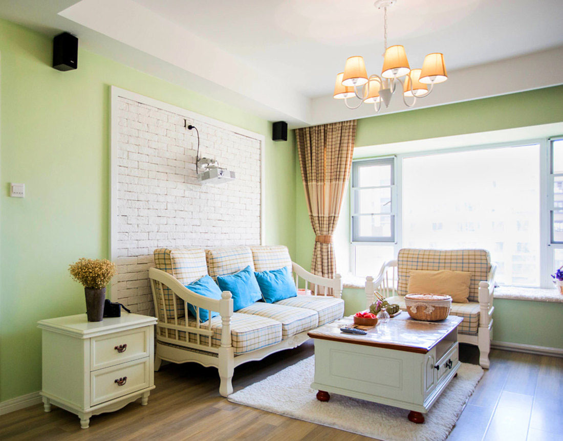 二居室装修,80平米装修,5-10万装修,田园风格,沙发背景墙,绿色