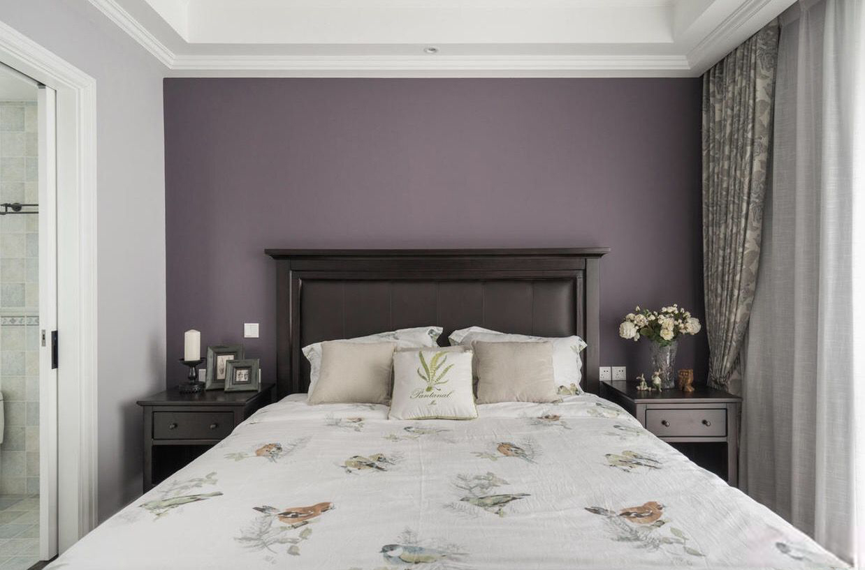三居室装修,130平米装修,15-20万装修,美式风格,卧室背景墙,紫色