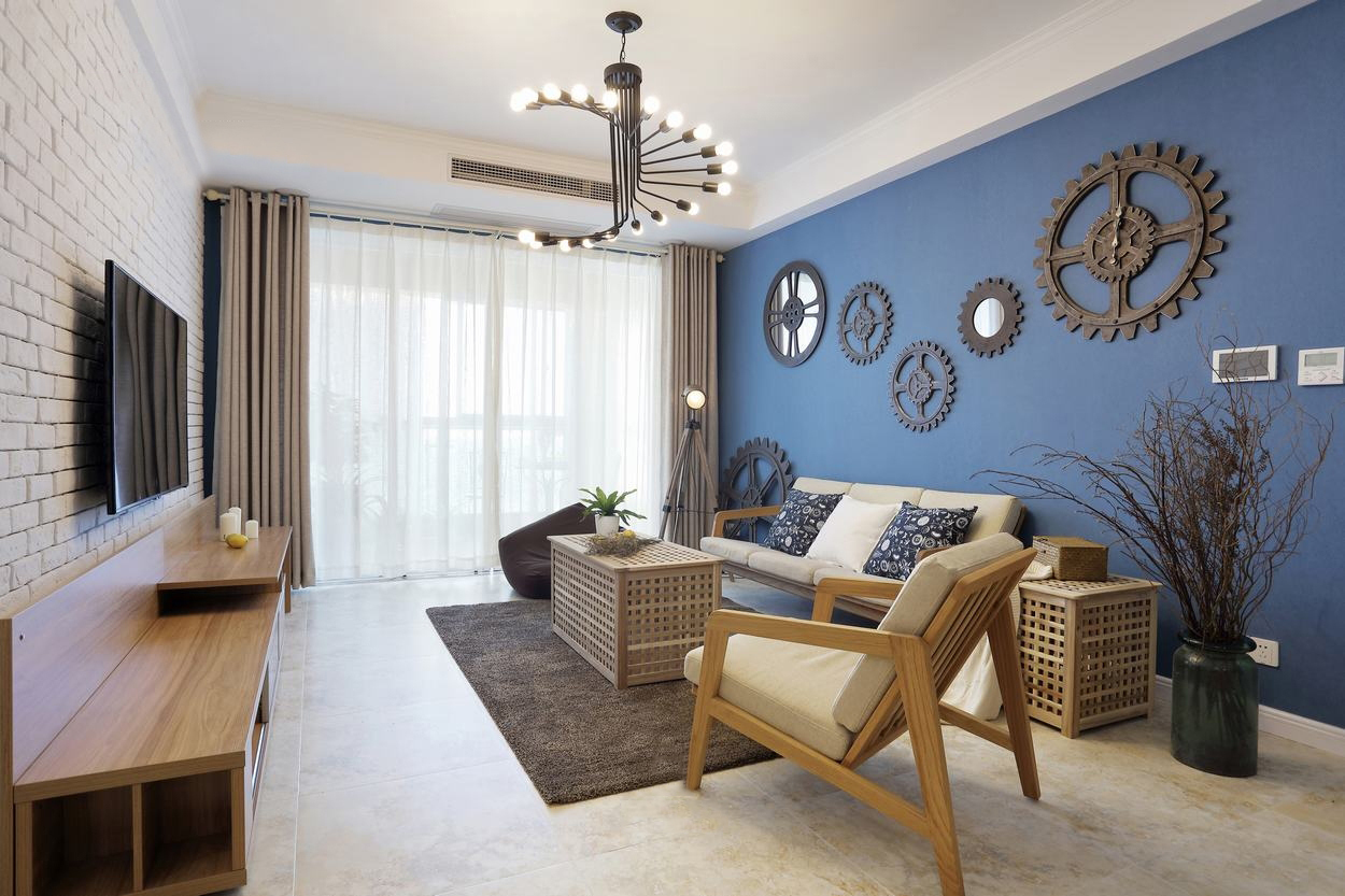 120平米装修,三居室装修,10-15万装修,北欧风格,沙发背景墙,客厅,蓝色
