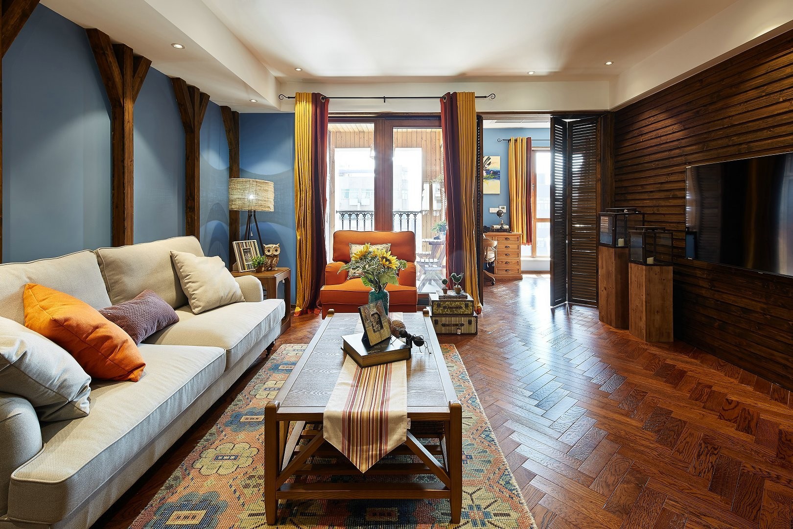 80平米装修,二居室装修,10-15万装修,混搭风格,地板,沙发,蓝色