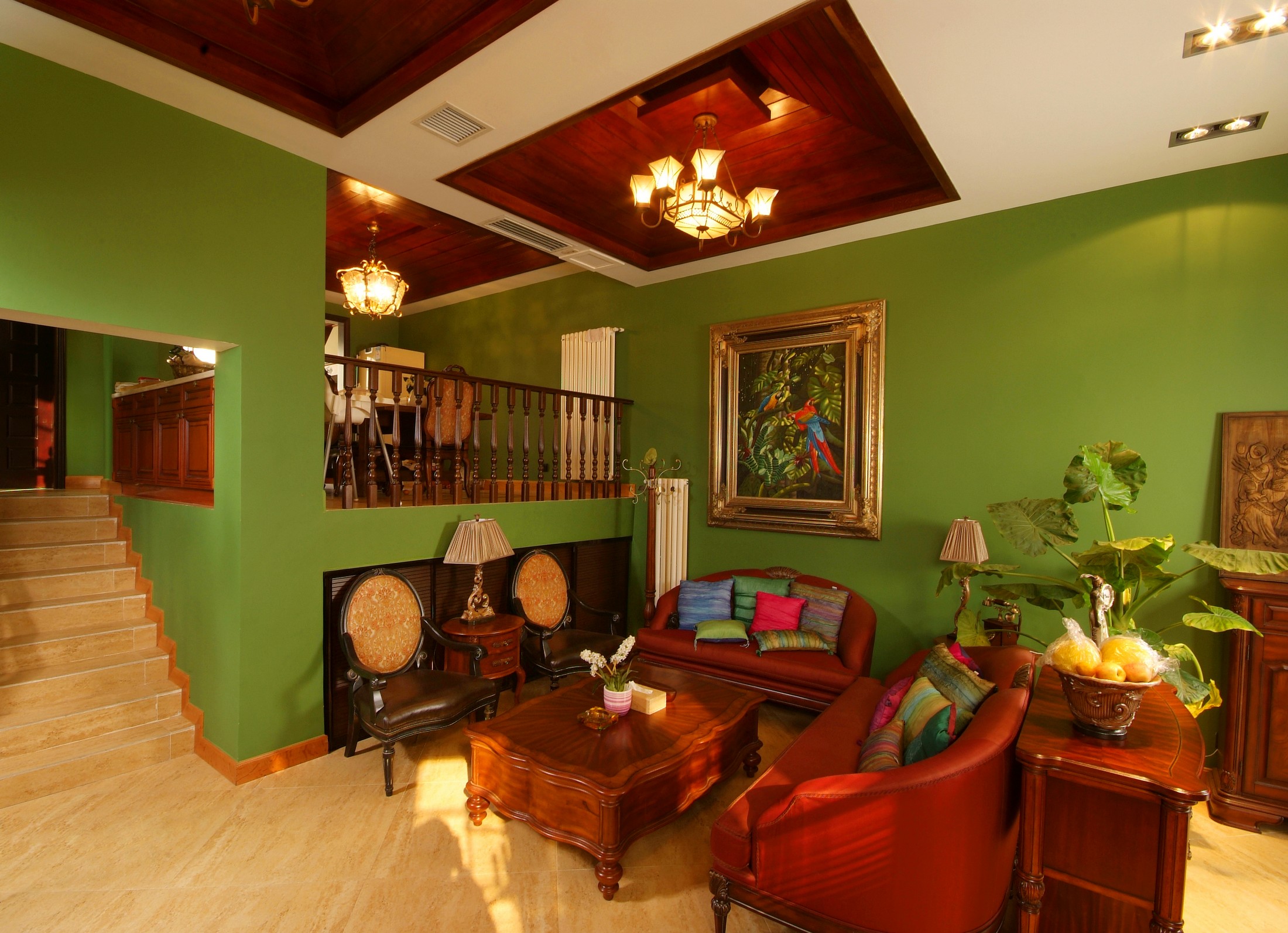 别墅装修,140平米以上装修,20万以上装修,复式装修,东南亚风格,沙发背景墙,绿色