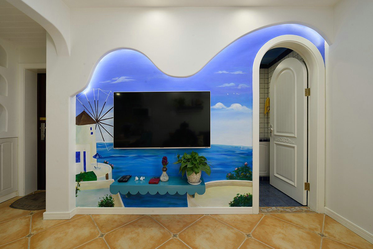 90平米装修,二居室装修,5-10万装修,地中海风格,客厅,蓝色