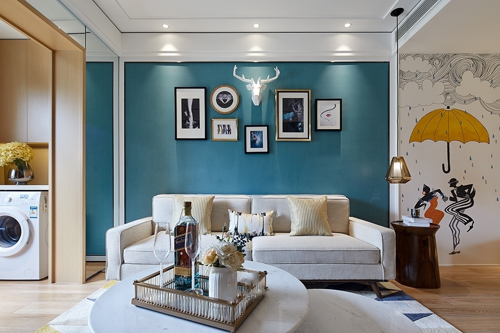 80平米装修,三居室装修,5-10万装修,混搭风格,客厅,蓝色