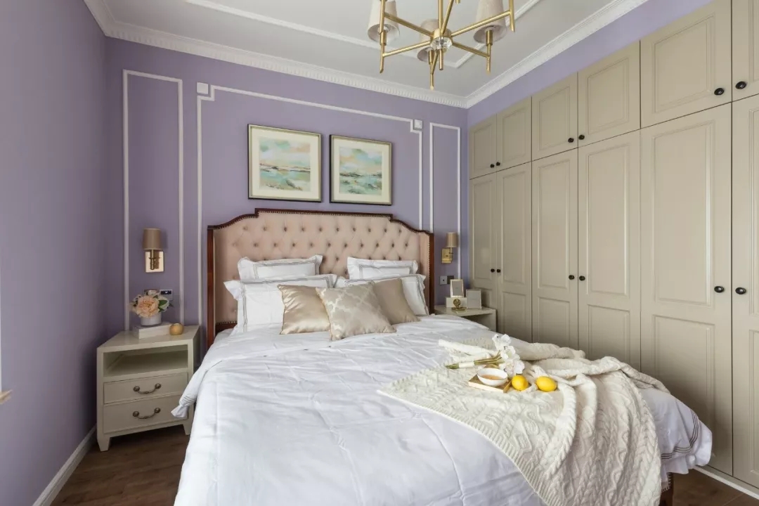 三居室装修,20万以上装修,120平米装修,美式风格,卧室背景墙,紫色