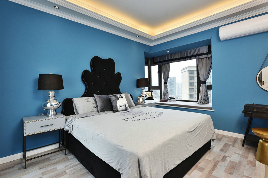 100平米装修,三居室装修,10-15万装修,混搭风格,蓝色,卧室背景墙