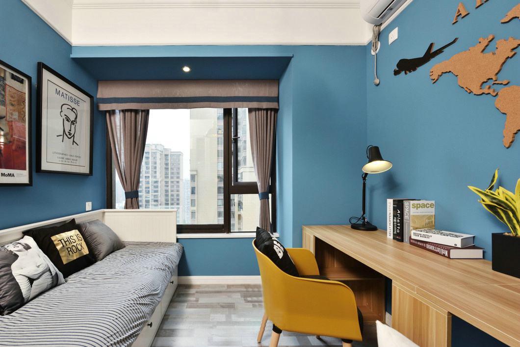 100平米装修,三居室装修,10-15万装修,混搭风格,蓝色,书桌