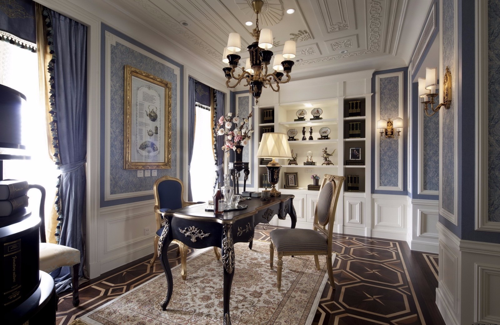 豪华型装修,140平米以上装修,别墅装修,法式风格,书桌,蓝色