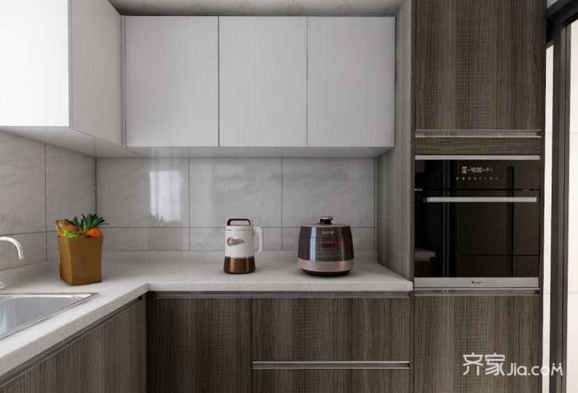 厨房整体为'u'字形,木质橱柜搭配爵士白瓷砖,整体氛围简洁大方.