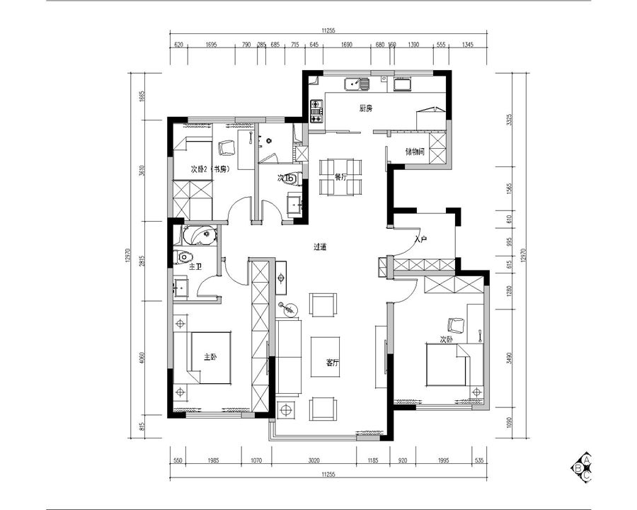 3万140平米现代四房装修效果图,玉兰花园诚园140平