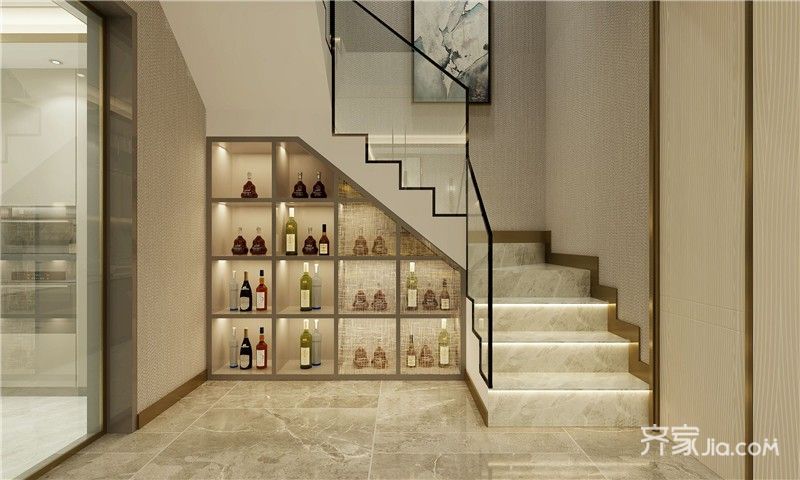 楼梯下设计了酒柜提升了设计感,很好的利用了空间,不仅美观,收纳也