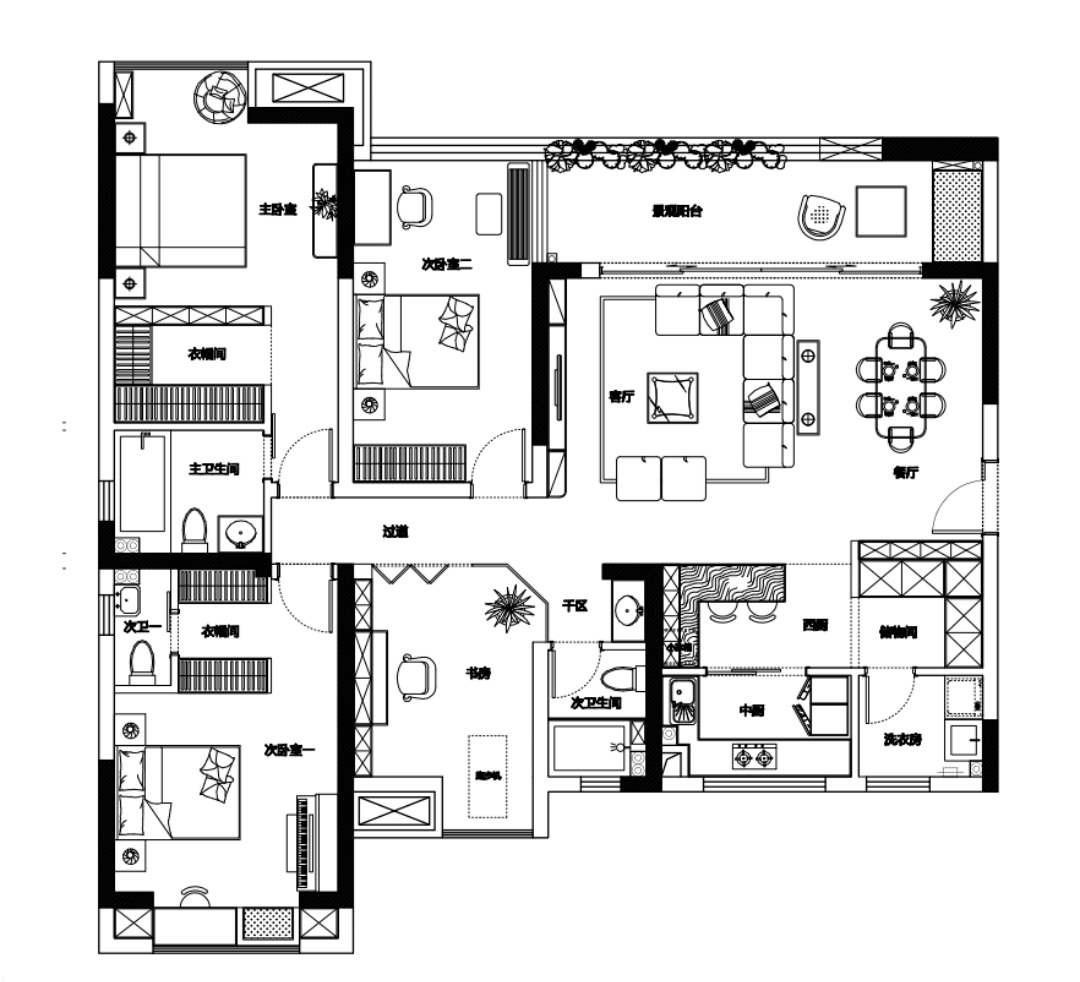 1万120平米现代三房装修效果图,黑白配装修案例图