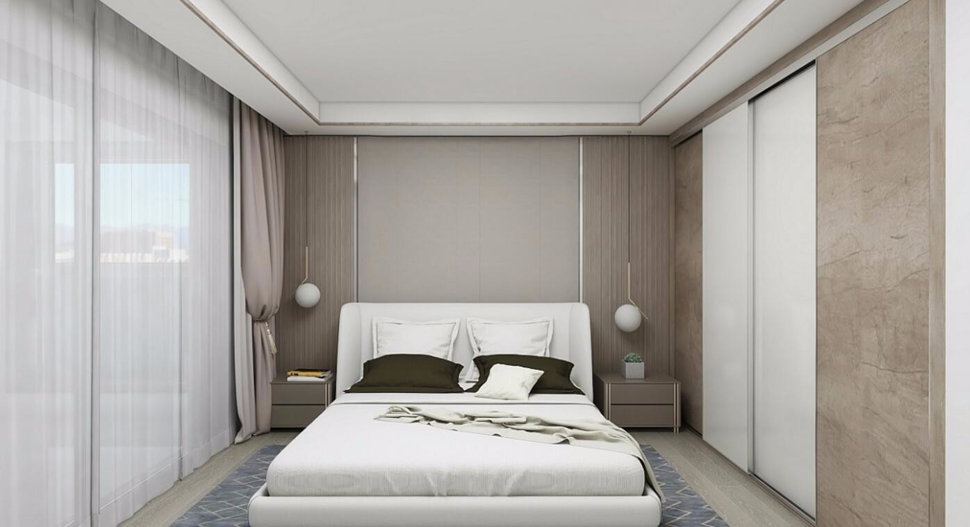 床头背景墙采用护墙板与浅灰壁纸进行搭配,床具的软包床头,多材质的
