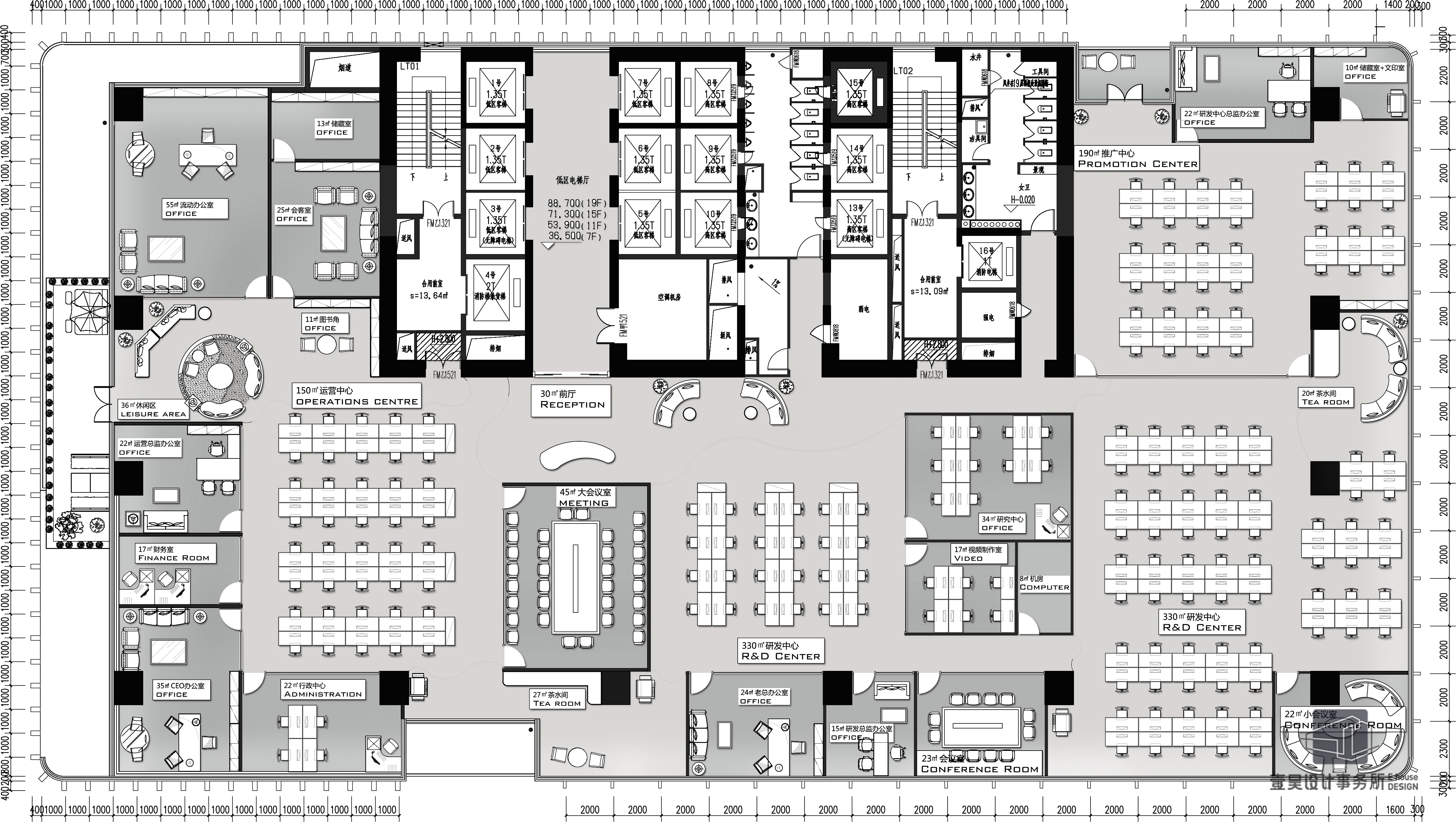 全屋户型图办公空间户型现代风格2000㎡