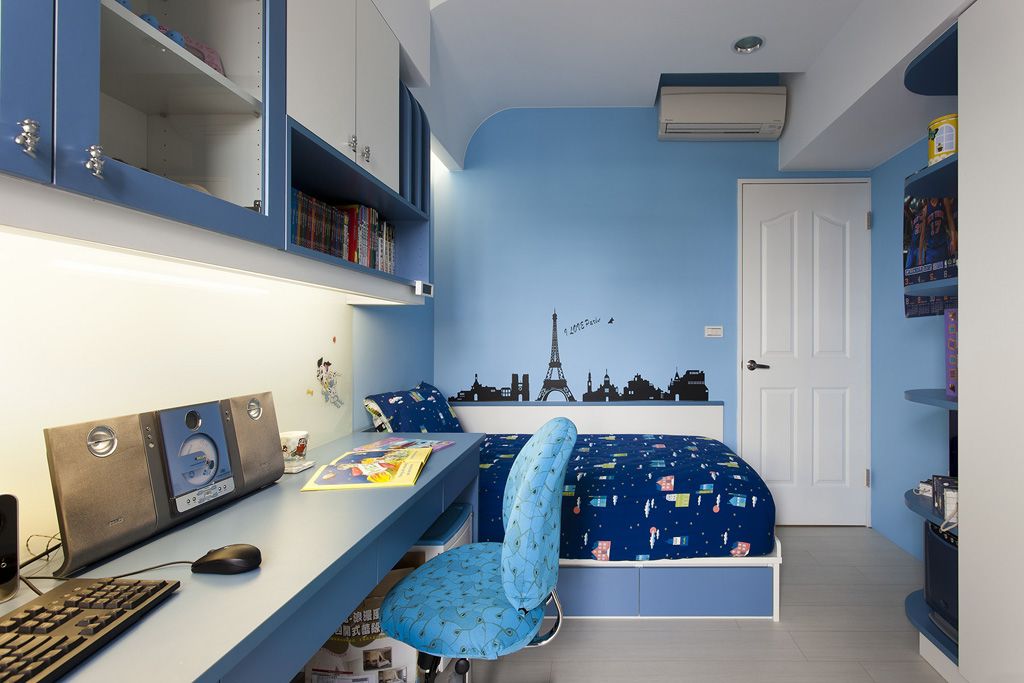 儿童房,背景墙,其它,简约,白色,蓝色
