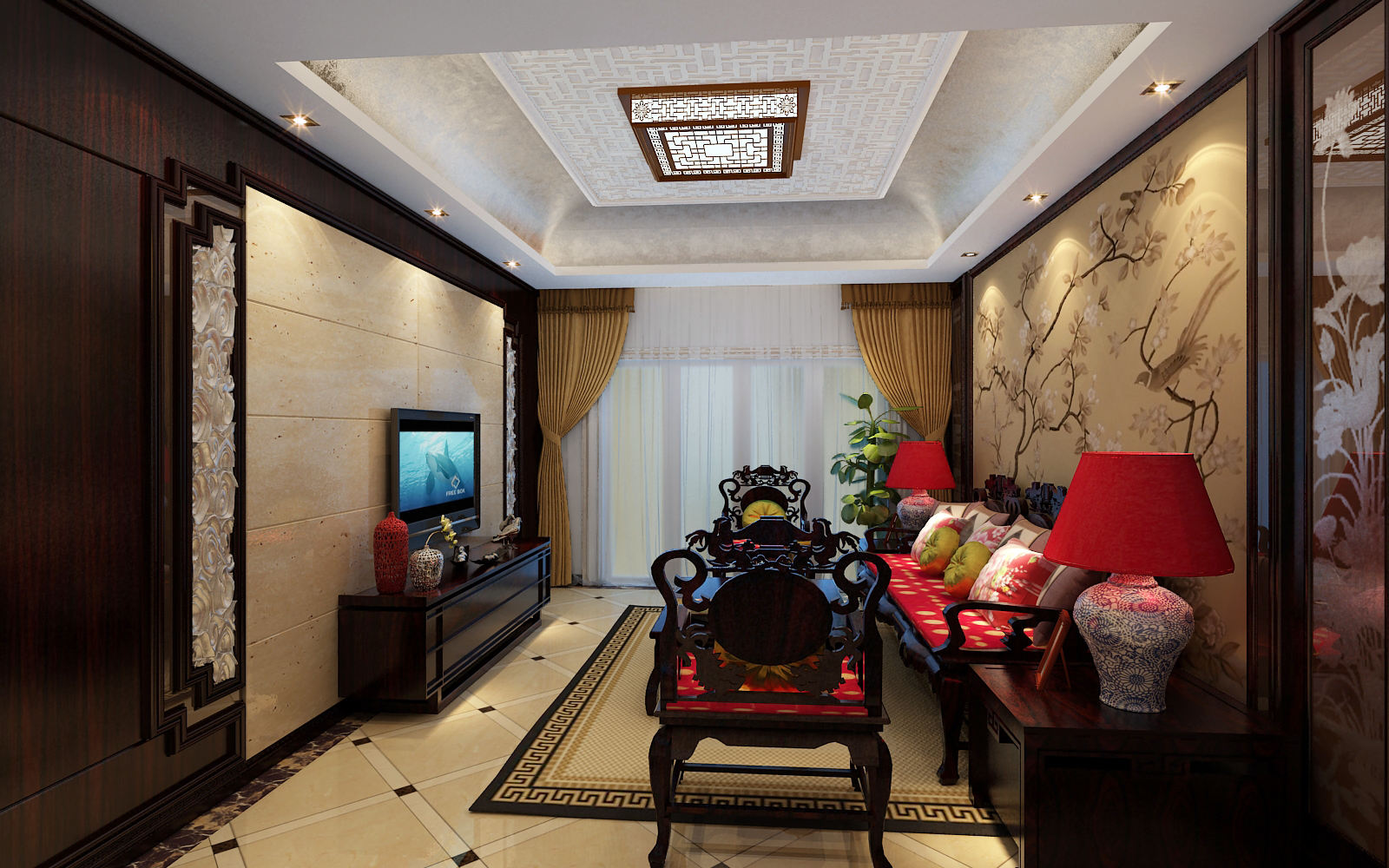 客厅,背景墙,吊顶,窗帘,其它,现代,中式,红色