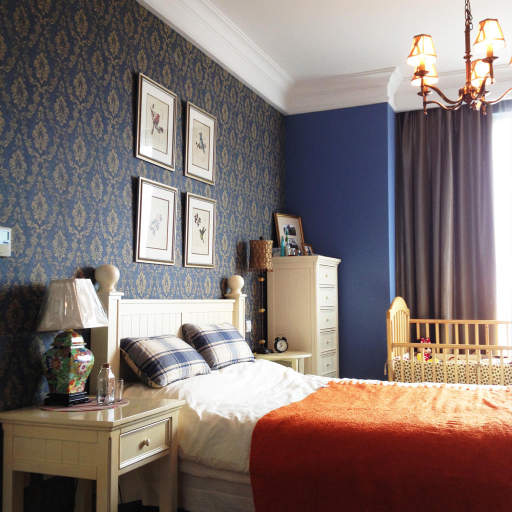 卧室,背景墙,美式,蓝色