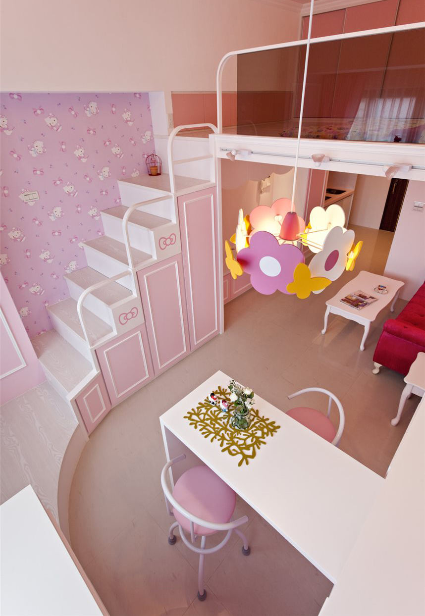 客厅,书房,楼梯,简约,粉色