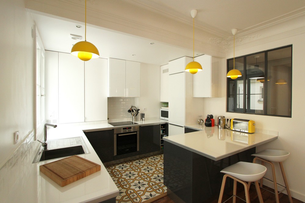 厨房,吊顶,橱柜,吧台,其它,简约,现代,白色,黄色,黑色