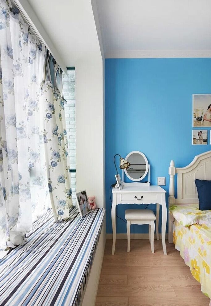 卧室,飘窗,地中海,白色,蓝色