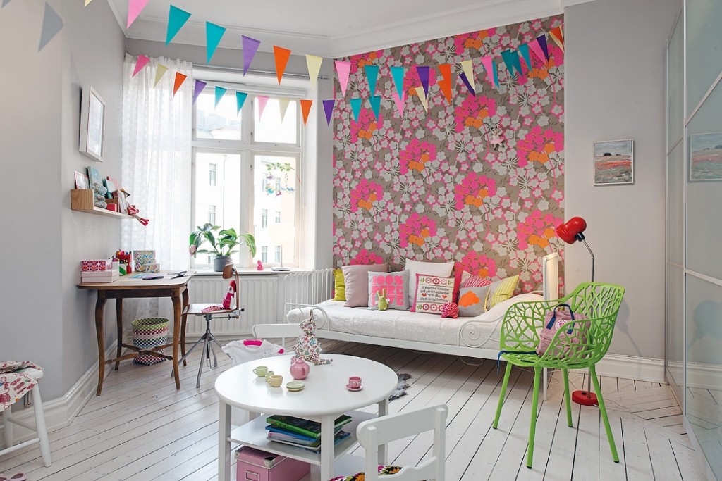 儿童房,背景墙,北欧,粉色