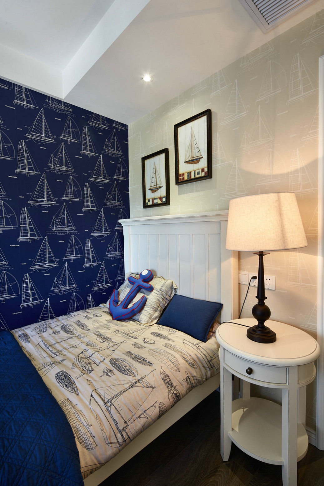 卧室,背景墙,美式,地中海,白色,蓝色