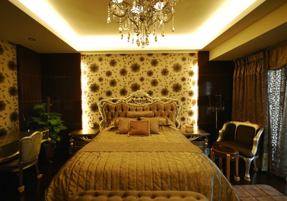 卧室,背景墙,欧式,新古典,黄色,咖啡色