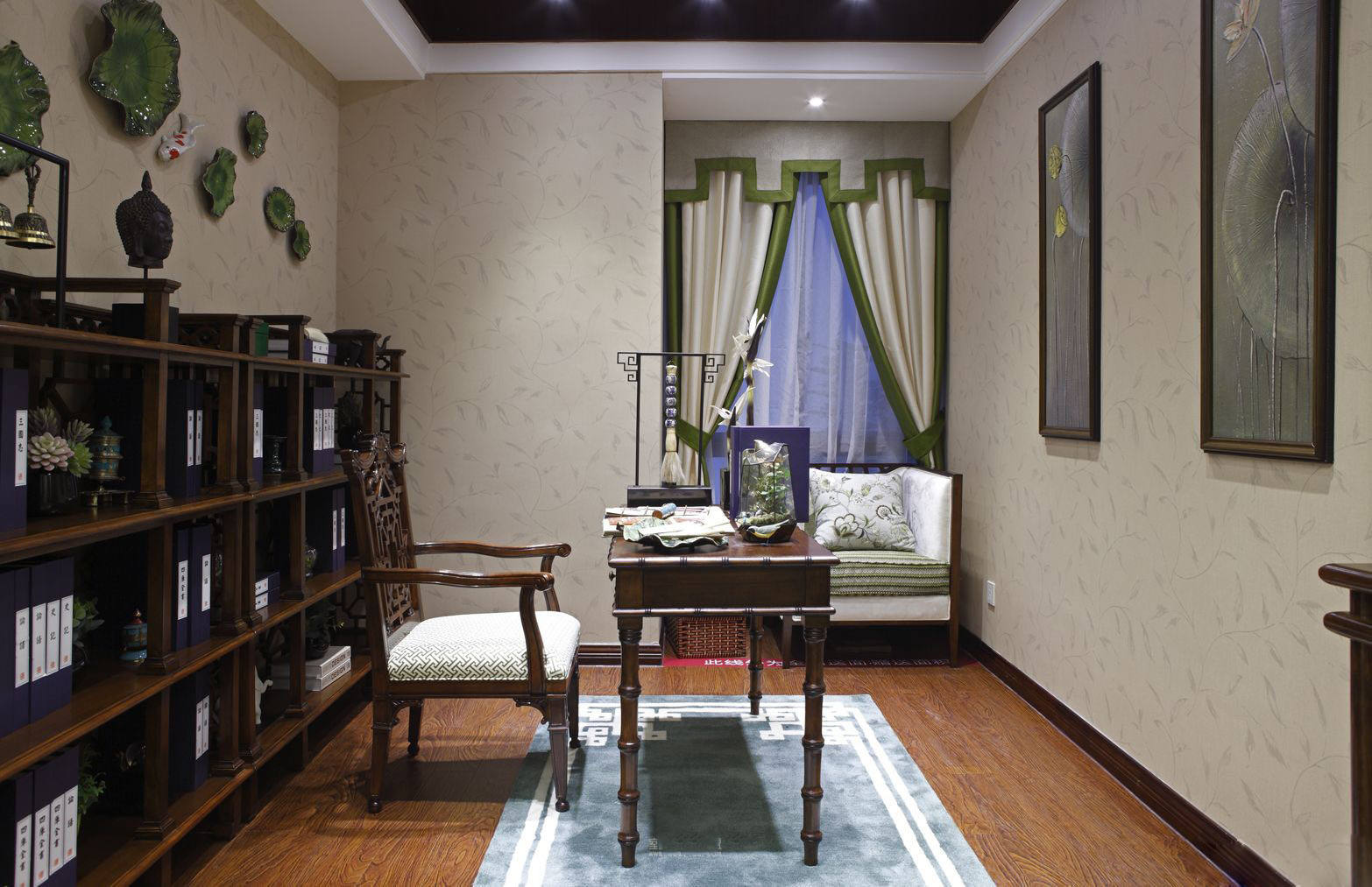 书房,窗帘,东南亚,米色,绿色