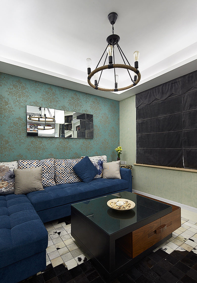 家居现代小户型客厅绿色壁纸装饰沙发背景墙