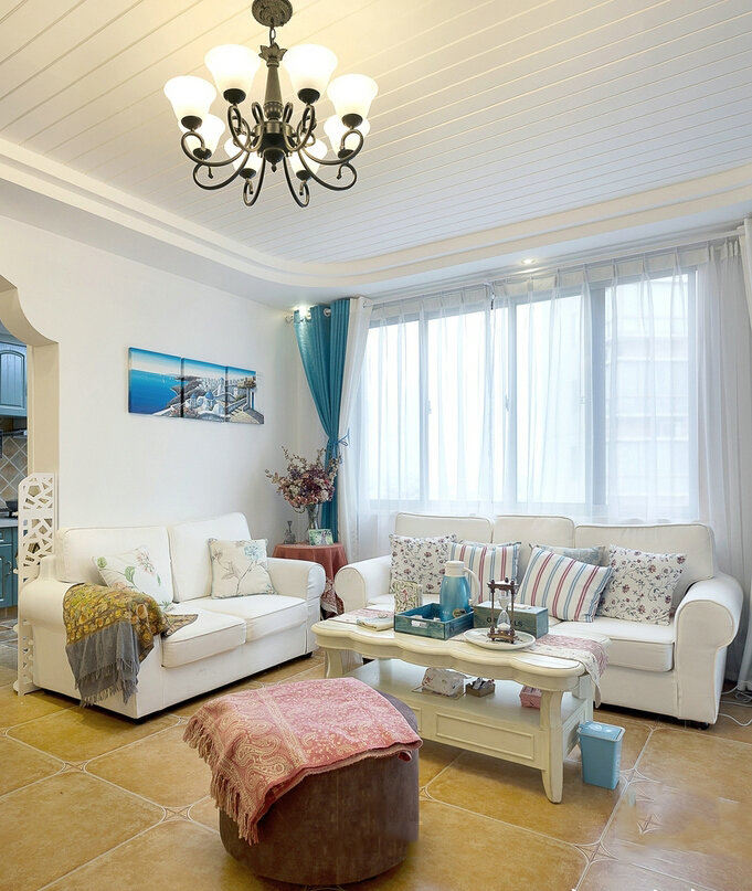客厅,窗帘,地中海,白色,蓝色