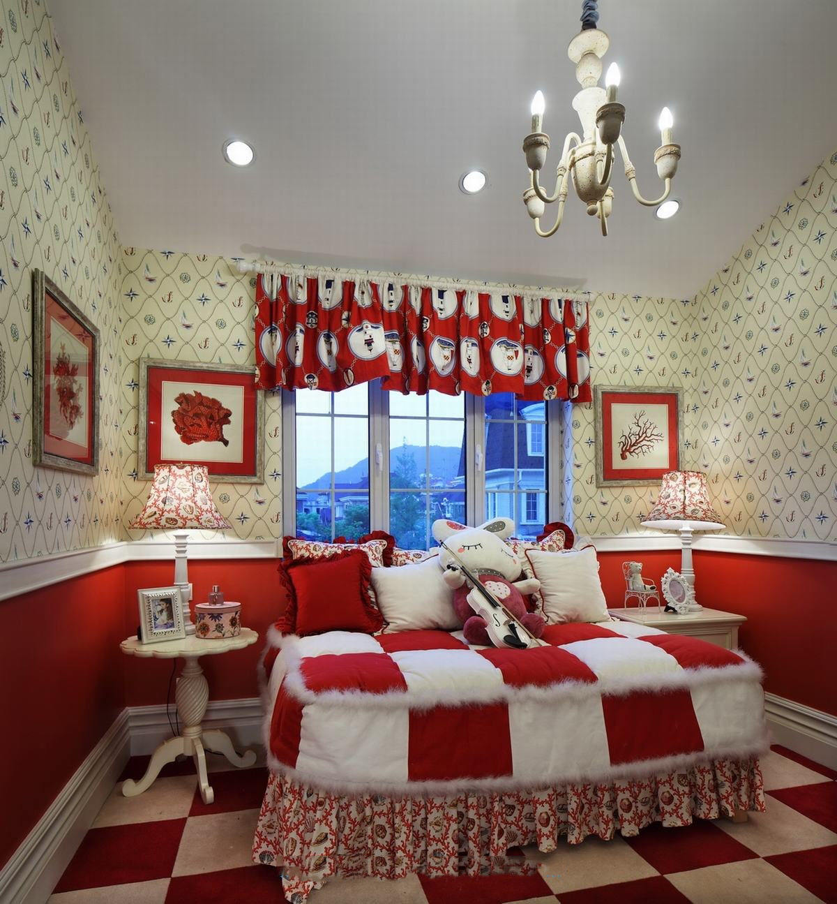 儿童房,背景墙,窗帘,窗户,其它,地中海,白色,米色,红色
