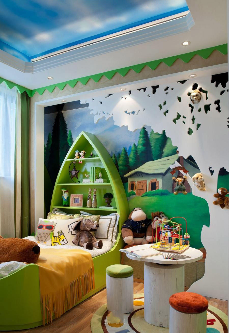儿童房,背景墙,其它,欧式,白色,绿色,蓝色