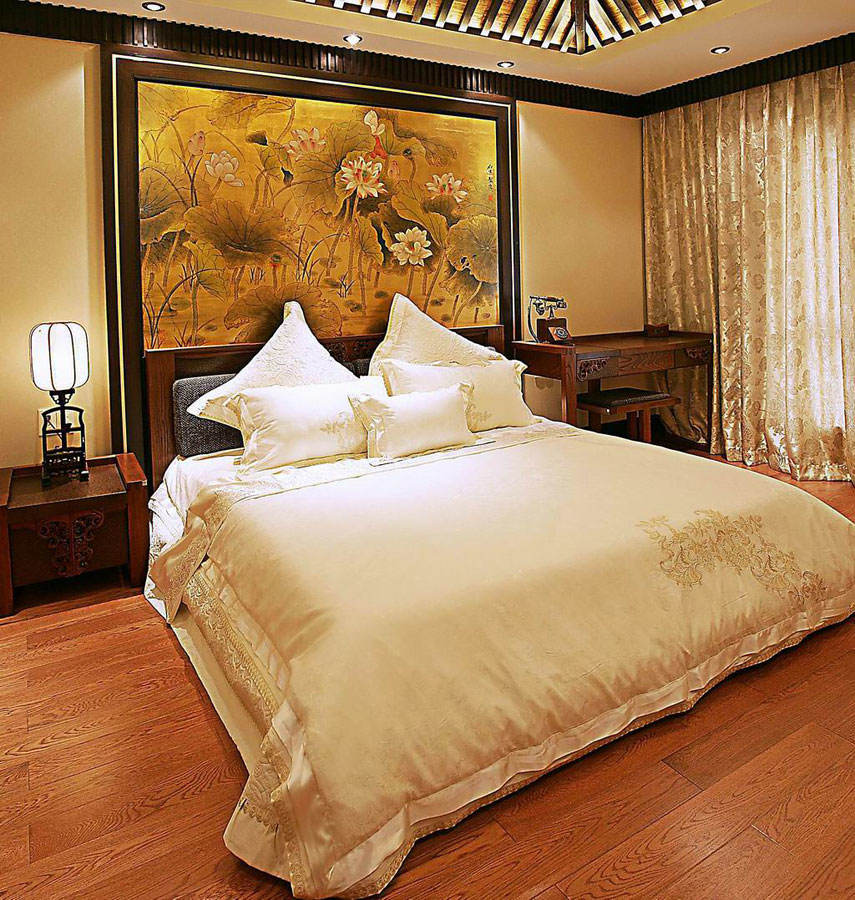 卧室,背景墙,中式,黄色