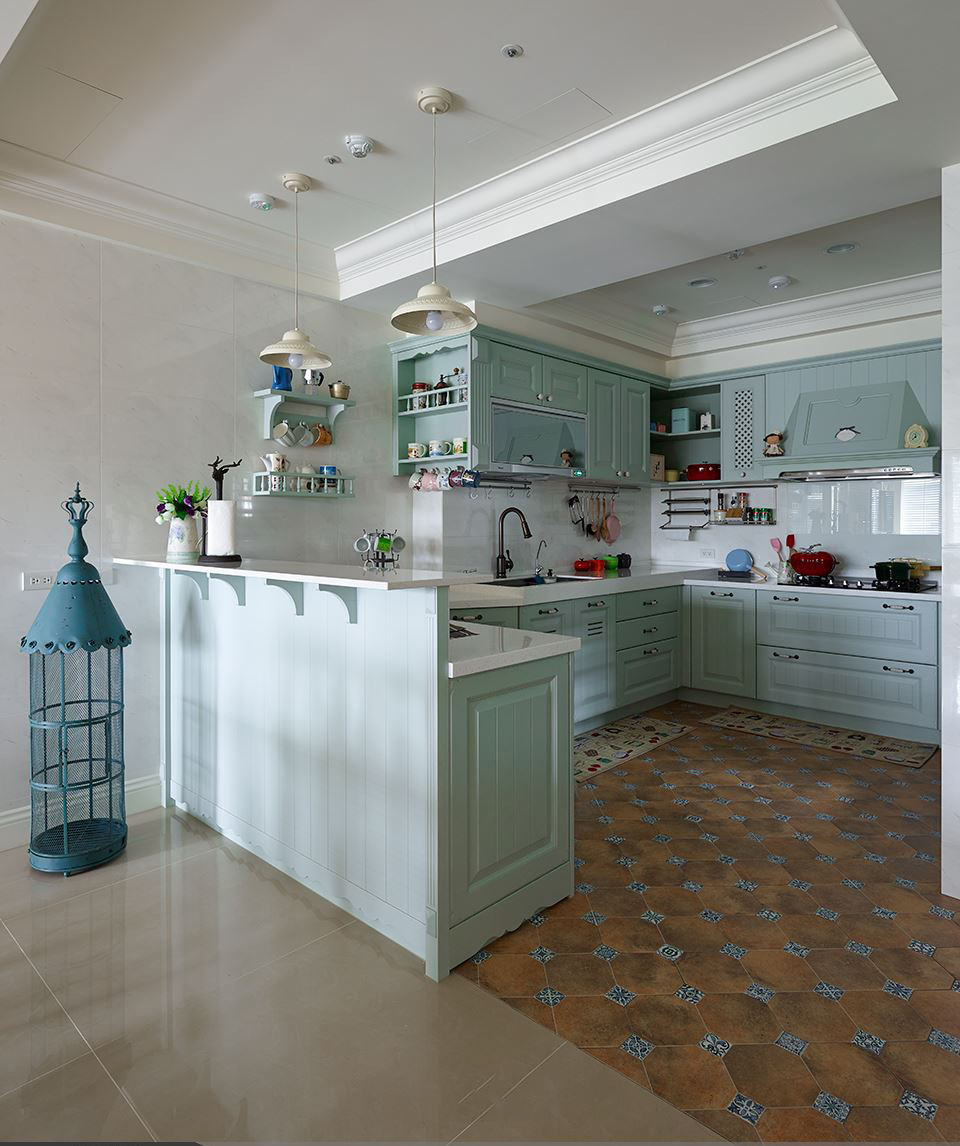 厨房,吊顶,隔断,橱柜,其它,美式,白色,绿色