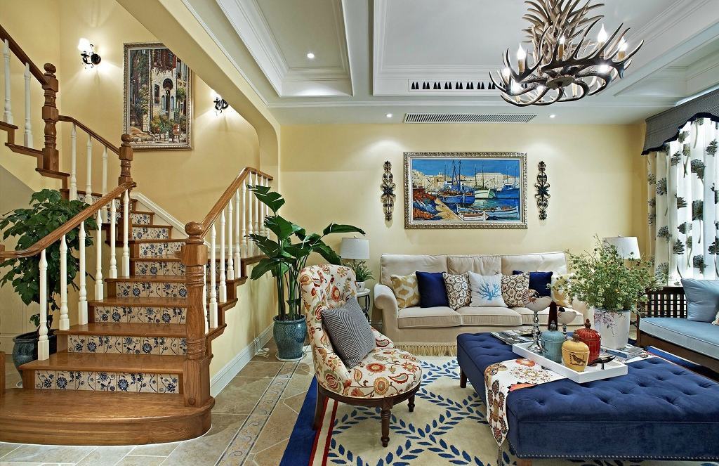 客厅,楼梯,欧式,现代,白色,蓝色,咖啡色