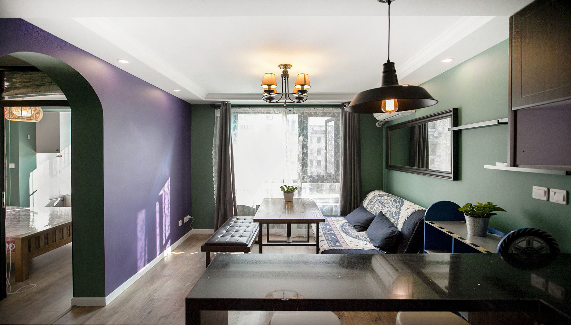 客厅,简约,美式,混搭,绿色,紫色