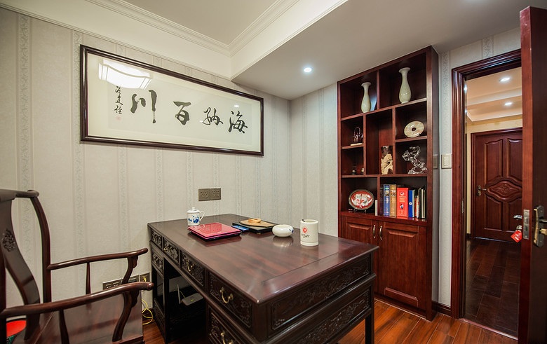 书房,背景墙,吊顶,博古架,其它,中式,白色,红色,咖啡色