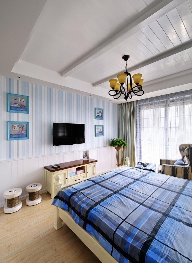 卧室,背景墙,地中海,蓝色,白色