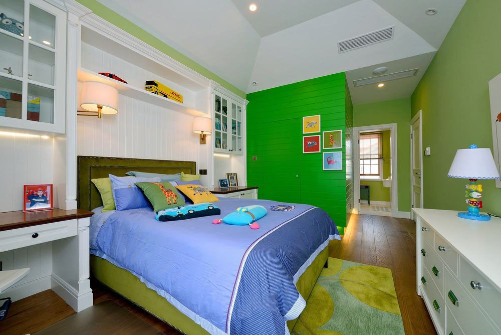 儿童房,背景墙,隔断,美式,绿色