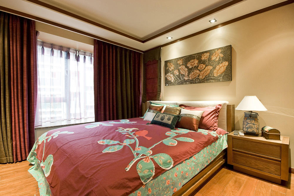 色彩深韵新中式风格设计卧室家纺装饰效果图