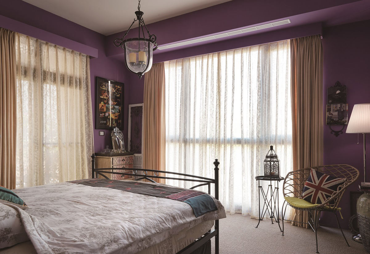 儿童房,背景墙,美式,紫色,米色